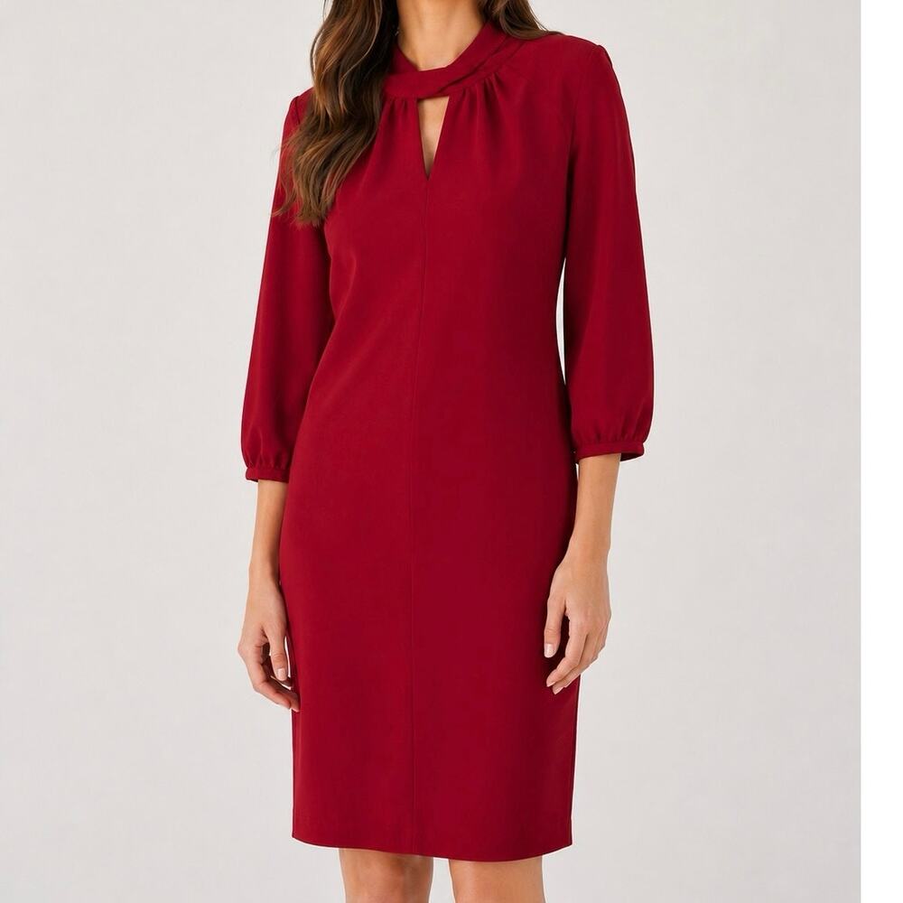 Calvin Klein 12 Red Twist Neck Long Sleeve Career Scuba Crepe Knee Length Dress